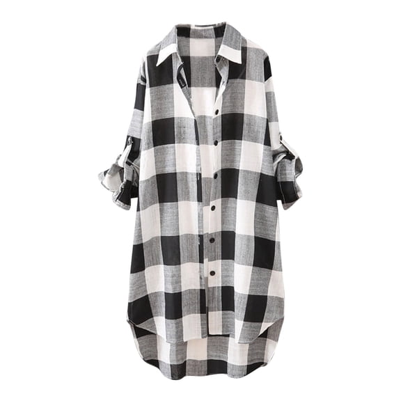 Dazajoo Women's Cotton Linen Blouses Tops Plaid Long Sleeve Button Down Shirts Tunic 2024 Summer Fashion High Low Long Tunics for Women,Black,XXL