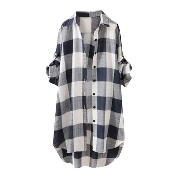 Dazajoo Women's Cotton Linen Blouses Tops Plaid Long Sleeve Button Down Shirts Tunic 2024 Summer Fashion High Low Long Tunics for Women,Blue,XXL