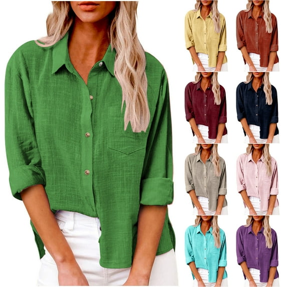 Dazajoo Women's Cotton Linen Button Down Shirts Casual Solid Color Long Sleeve Lapel Tshirt with Pocket Summer Lightweight Vacation Blouse,Khaki,XXXL