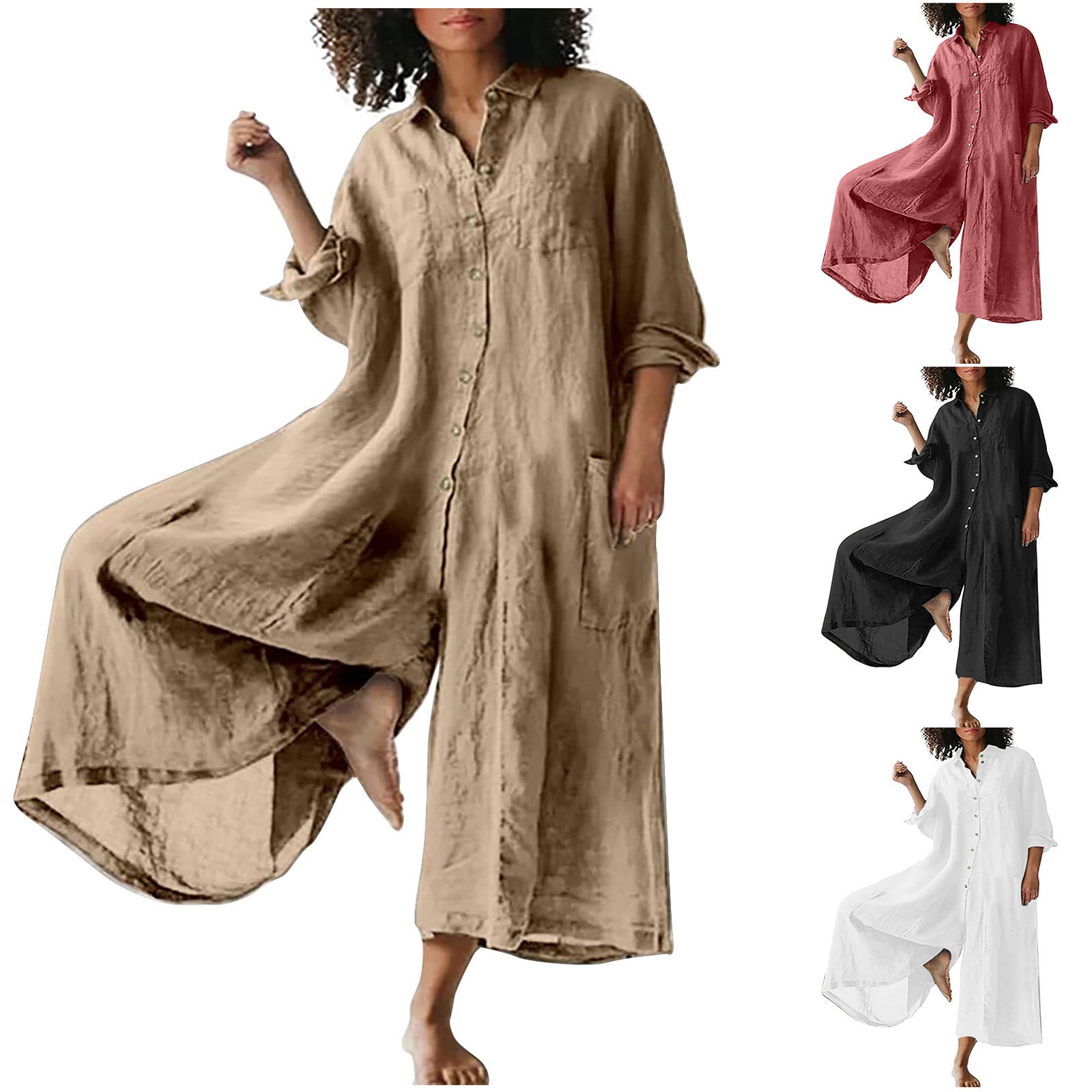 Dazajoo Women's Cotton Linen Collared Romper Button Down Long Sleeve ...