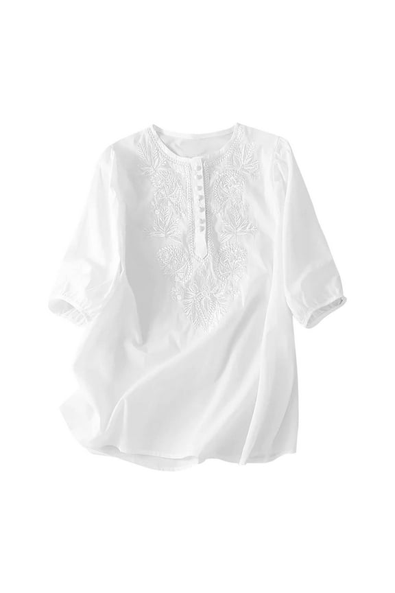 Women's Cotton and Linen Embroidered Top Summer Casual Round Neck Solid Color Tunic Tops 2024 Dressy Trendyd Elbow Sleeve Shirts for Women,White,XXL