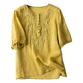 thumbnail image 1 of Dazajoo Women's Cotton and Linen Embroidered Top Summer Casual Round Neck Solid Color Tunic Tops 2024 Dressy Trendyd Elbow Sleeve Shirts for Women,Yellow,L, 1 of 4