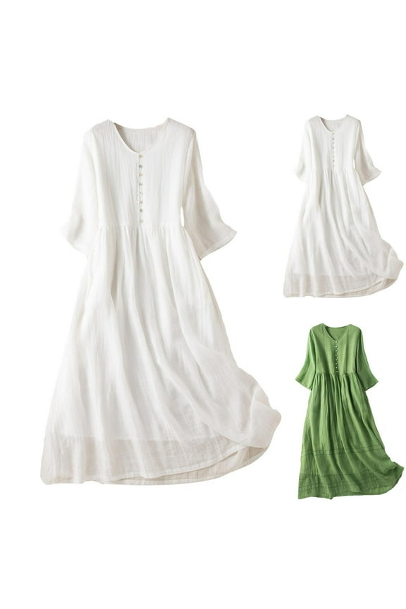 Women's Cotton Linen Gauze Long Dress Summer High Waist Flowy Midi Dress Half Sleeve Button Down Swing Dresses,White,XXL
