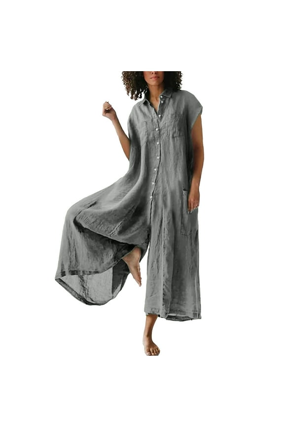 Women's Cotton Linen Jumpsuit Dressy Casual Short Sleeve V Neck Wide Leg Belt Pants Jumpsuits with Pockets 2024 Summer Fashion Plus Size Solid Color Jumpers for Women,Gray,XL