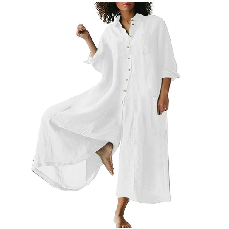 Dazajoo Women's Cotton Linen Jumpsuit Solid Color Casual Long