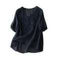 thumbnail image 1 of Dazajoo Women's Cotton Linen Shirts Summer Boho Embroidered Vintage Tops for Women 2024 Dressy Casual V Neck Short Sleeve Tunic Tees,Navy,XXL, 1 of 4