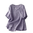thumbnail image 1 of Dazajoo Women's Cotton Linen Shirts Summer Boho Embroidered Vintage Tops for Women 2024 Dressy Casual V Neck Short Sleeve Tunic Tees,Purple,L, 1 of 4
