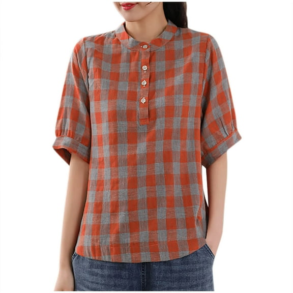 Dazajoo Women’s Cotton Linen Short Sleeve Plaid Shirt Summer Color Block Blouse Tops with 4 Buttons Casual Lapel T-Shirts,Orange,M