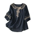 thumbnail image 1 of Dazajoo Women's Cotton Linen Summer Button 3/4 Sleeve Shirts Summer Crew Neck Casual Boho Top Vintage Embroidery Blouse Tops for Women 2024,Navy,M, 1 of 6