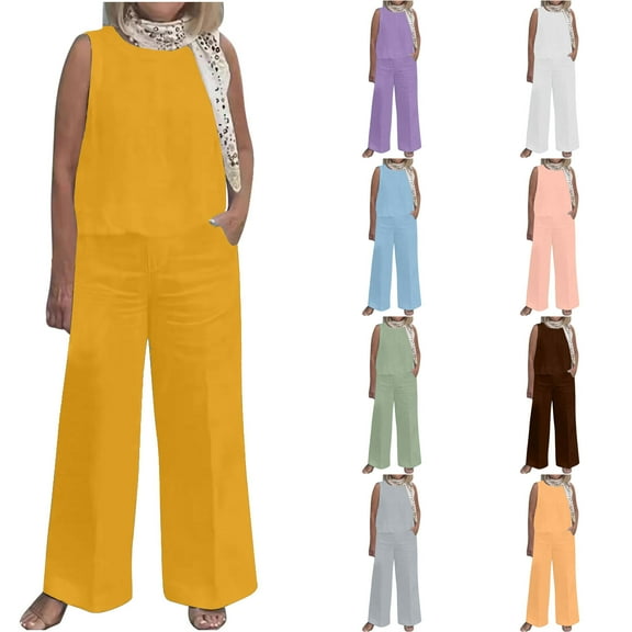 Dazajoo Women's Cotton Linen Summer Outfits Sleeveless Tops and Wide Leg Pants Matching Sets 2 Piece Solid Color Lounge Suits with Pockets,Green,L