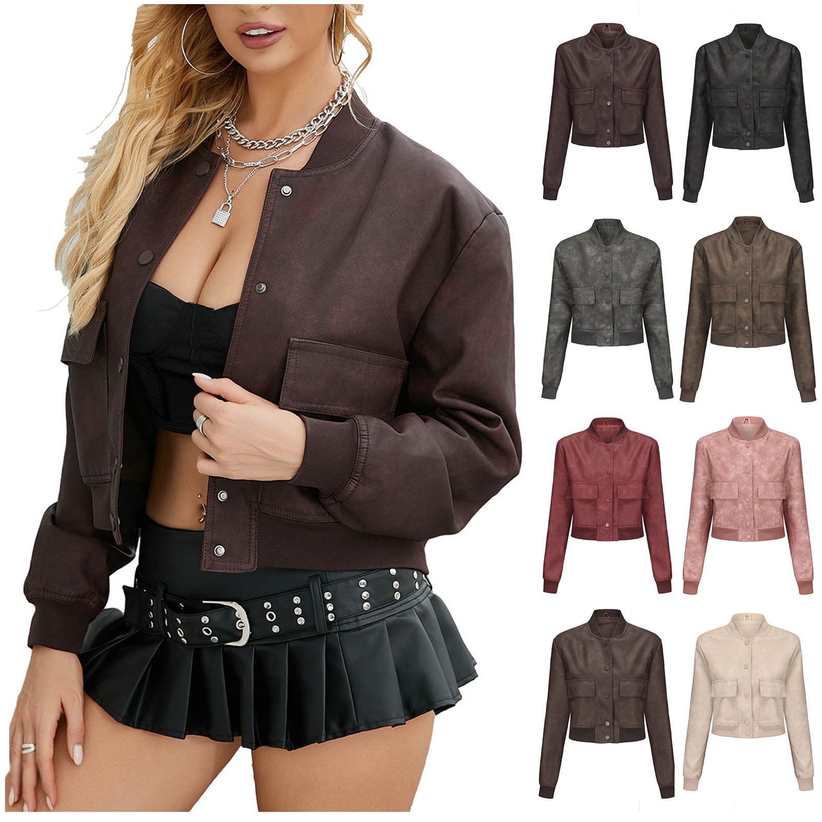 Dazajoo Women's Cropped Bomber Jacket Faux Leather Biker Coat Button ...