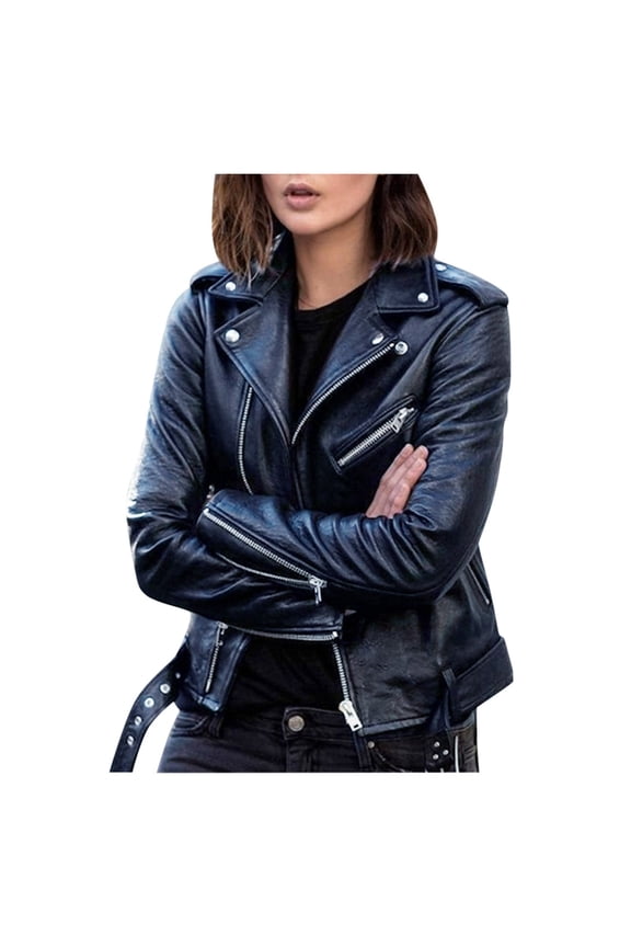 Women's Cropped Leather Jackets Plus Size Motorcycle Biker Coat Short Lightweight Jacket,Black,L