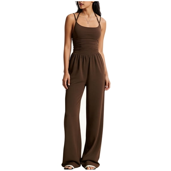 Dazajoo Women's Date Night Rompers Spaghetti Strap Wide Leg One Piece Jumpsuits Ruched Sleeveless High Waisted Jumpsuit,Brown,M