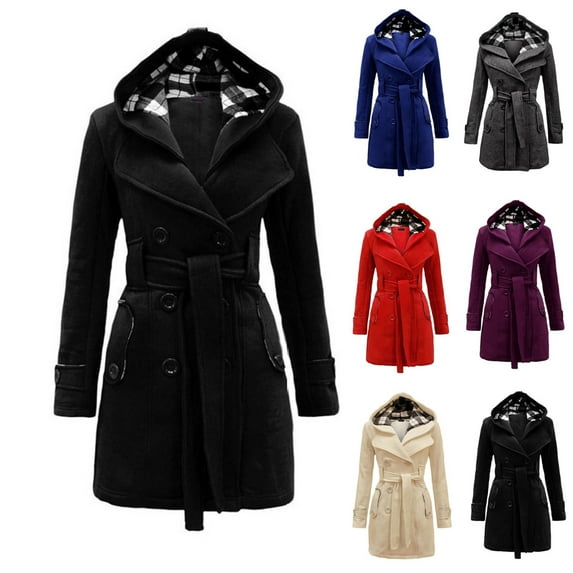 Dazajoo Women's Double Breasted Hooded Coat Winter Mid-Long Trench Coat with Belt 2024 Dressy Trendy Long Sleeve Button Down Hoodies for Women,Black,XXXL