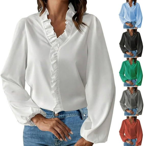 Dazajoo Women's Fall Long Sleeve Collar V Neck Ruffle Shirts Plus Size Solid Color Elegant Blouses Comfy Fashion Outfits,Black,XXXL