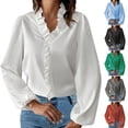 thumbnail image 1 of Dazajoo Women's Fall Long Sleeve Collar V Neck Ruffle Shirts Plus Size Solid Color Elegant Blouses Comfy Fashion Outfits,Blue,XXXXL, 1 of 6