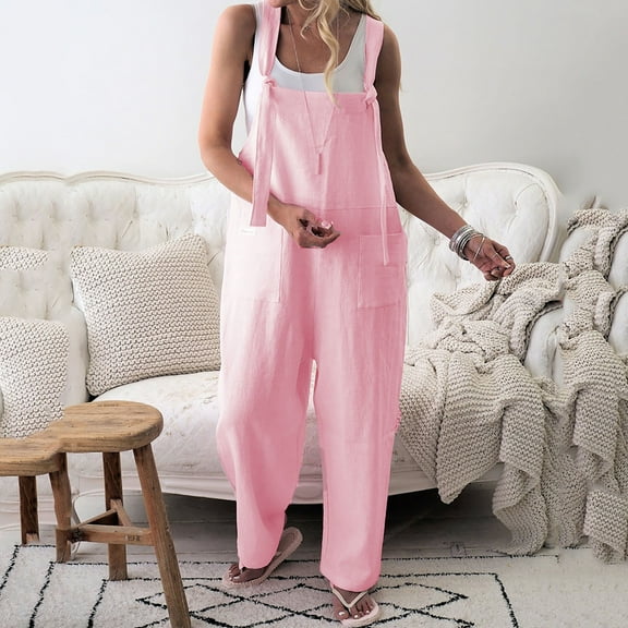 Dazajoo Women's Fashion Baggy Loose Linen Overalls Jumpsuit Oversized Casual Sleeveless Rompers with Pockets for Women 2024 Summer Casual Basic Solid Color Adjustable Shoulder Strap Rompers,Pink,XL