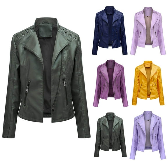 Dazajoo Women's Faux Leather Jacket Open Front Lapel Coat Slim Fit PU Biker Jackets Zip Up Motorcycle Outwear,Purple,XL