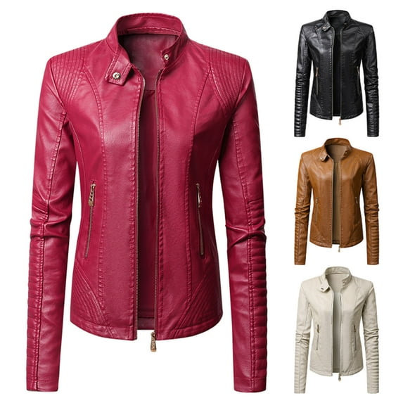 Dazajoo Women's Faux Leather Moto Biker Jacket Coat Solid Color Long Sleeve Fall Winter Coat,Black,L