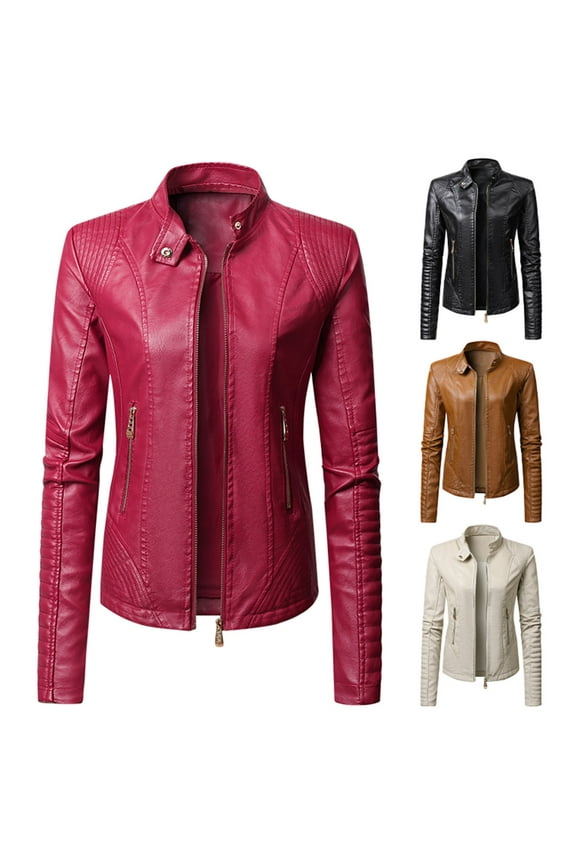 Women's Faux Leather Moto Biker Jacket Coat Solid Color Long Sleeve Fall Winter Coat,White,XL