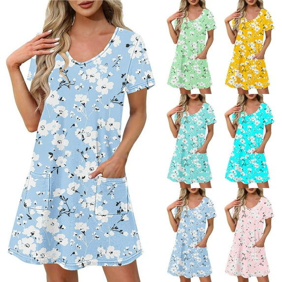 Dazajoo Women's Floral Dress Knee Length Short Sleeve Beach Sundresses with Pockets Summer Casual V Neck Vacation Midi Dresses,Yellow,XXL