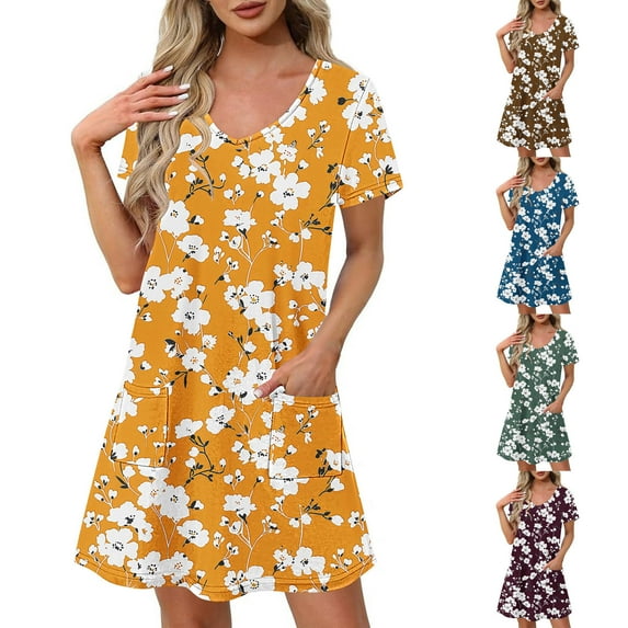 Dazajoo Women's Floral Dresses with Pockets Summer Short Sleeve Beach Sundress Casual V Neck Vacation Midi Dresses,Coffee,XXL