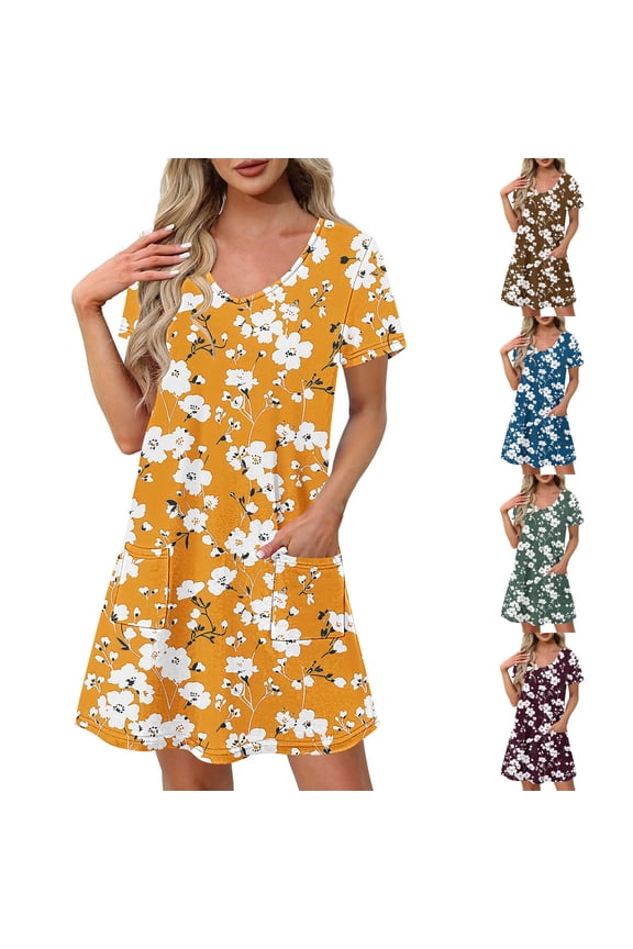 Women's Floral Dresses with Pockets Summer Short Sleeve Beach Sundress Casual V Neck Vacation Midi Dresses,Green,M