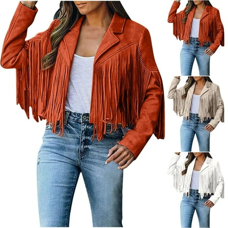 Dazajoo Women's Fringe Faux Suede Leather Jackets Fashion Tassel Motorcycle Cropped Cardigans,White,S