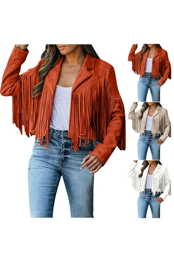 Women's Fringe Faux Suede Leather Jackets Fashion Tassel Motorcycle Cropped Cardigans,White,S