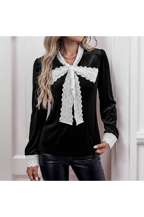 Women's Lace Trim Bow Tie Front Velvet Tops Fall Long Sleeve V Neck Blouses Business Casual Drerssy Shirts,Black,L