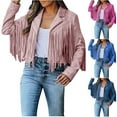 thumbnail image 1 of Dazajoo Women's Leather Jacket Faux Suede Fringe Jacket Long Sleeve Lapel Coats Open Front Tassel Cardigan,Dark Blue,M, 1 of 9