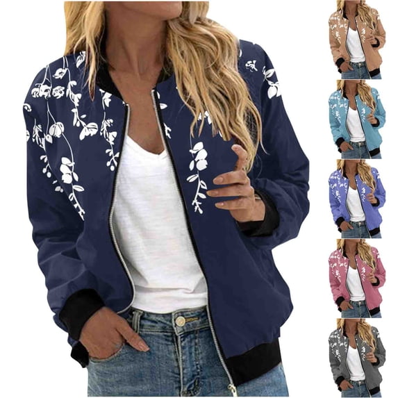 Dazajoo Women's Lightweight Bomber Jacket Long Slevee Full Zip Jackets with Pockets Fall Solid Color Outerwear,Gray,M