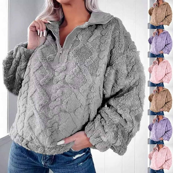 Dazajoo Women's Lightweight Quarter Zip Oversized Sweatshirts Long Sleeve Fleece Pullover 2024 Winter Plush Fuzzy Solid Color Padded Warm Sweaters Prime Big Deal Days,Khaki,XL