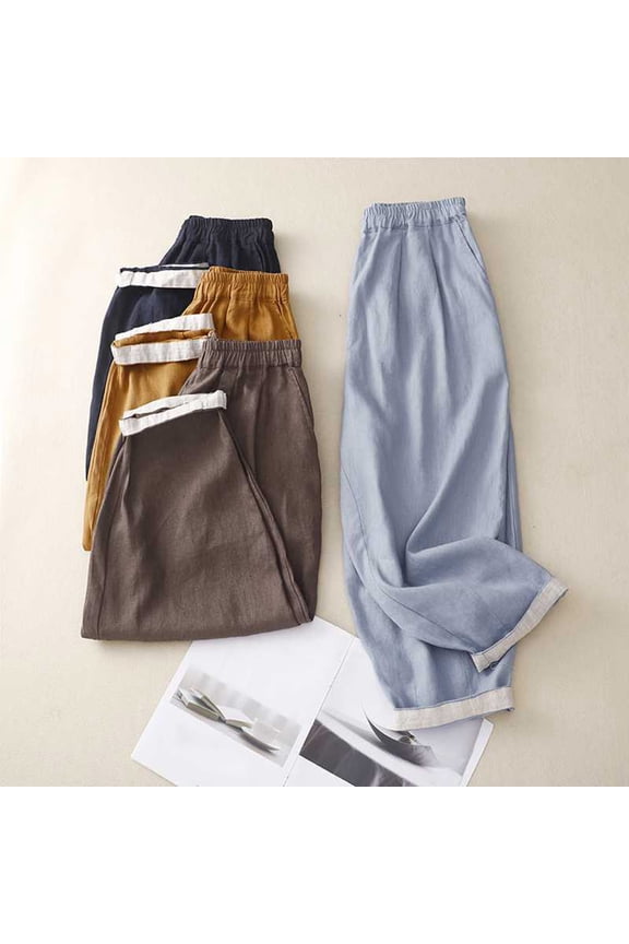 Women's Linen Cropped Wide Leg Pants Elastic Waist Casual Palazzo Trousers with Pockets 2024 Summer Solid Color Cotton Pants for Women ,Khaki,XL