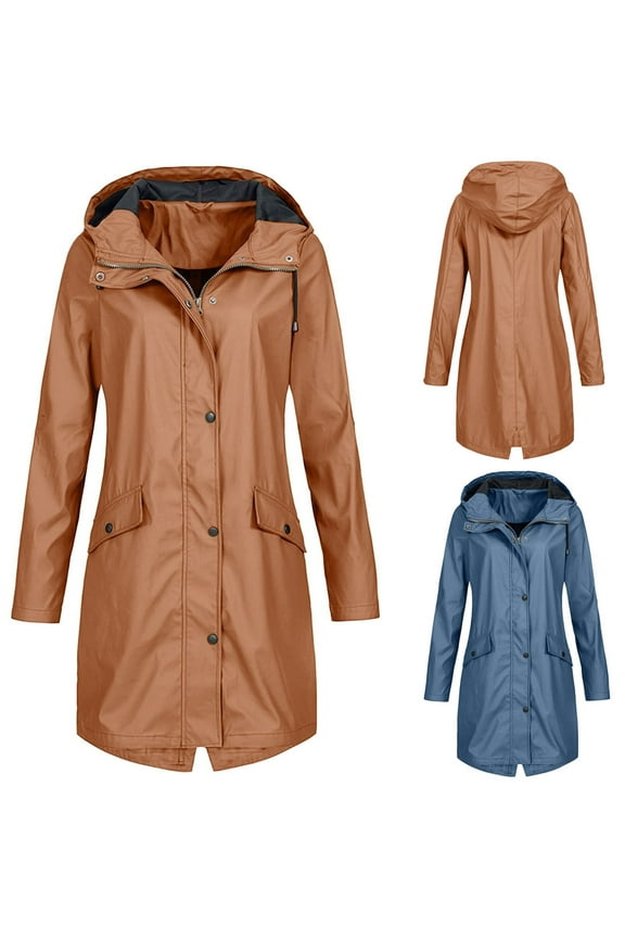 Women's Long Rain Jackets Waterproof with Hood Fleece Lined Zip Up Raincoat Hiking Workout Warm Windbreaker,Blue,XL