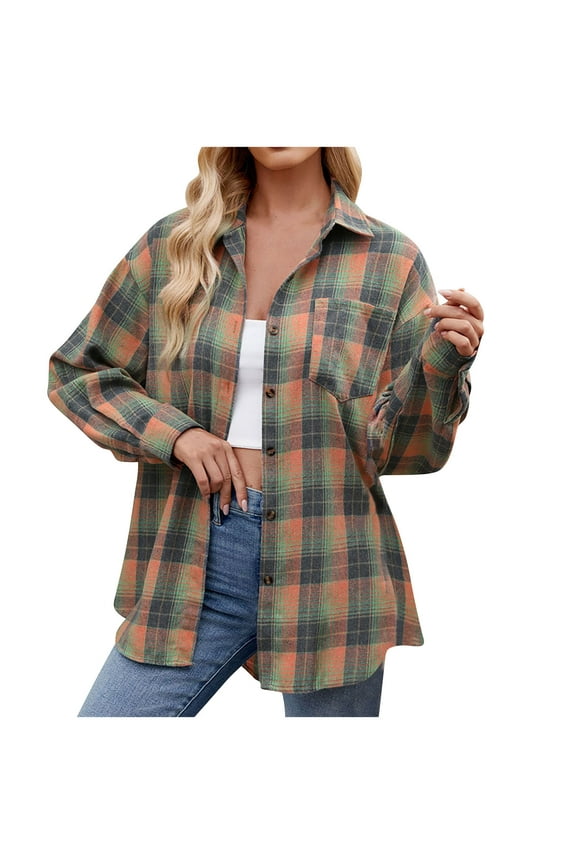 Women's Long Sleeve Button Down Shirts Casual Checked Print Roll Up Sleeve Tunic Tops 2025 Fall Casual Lightweight Lapel Blouses for Women,Orange,XL