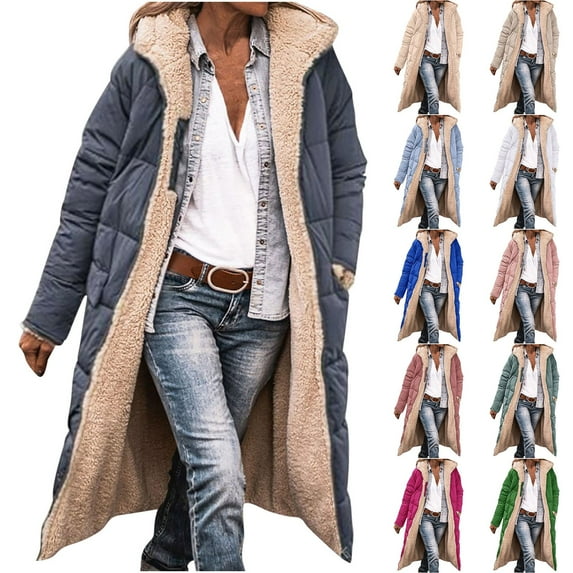 Dazajoo Women's Oversized Long Coat Plush Lining Reversible Zipper Puffer Jackets Long Sleeve Hooded Down Outerwear with Pocket 2024 Fall Winter Warm Clothes,Blue,S