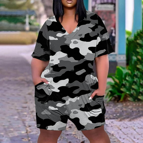 Dazajoo Women's Oversized Overalls 2024 Summer Plus Size V Neck Short Sleeve Camouflage Jumpsuits with Pockets Loose Casual Back Zipper Short Rompers for Women,Multicolor,XXXXL