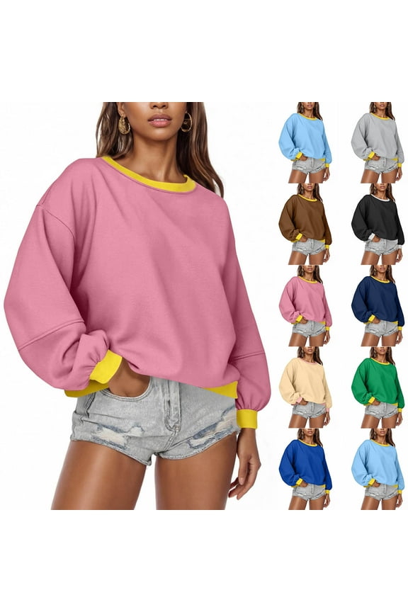 Women's Oversized Sweatshirts Crew Neck Color Patchwork Cropped Pullover Tops Trendy Y2K Fall Clothes,Blue,XL