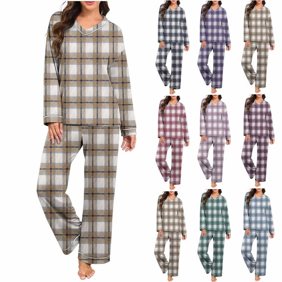 Dazajoo Women's Pajama Set Plaid 2 Piece Lounge Outfits V Neck Long Sleeve Tops and Elastic Waist Pants Comfy Lightweight Pjs Sleepwear,Black,M