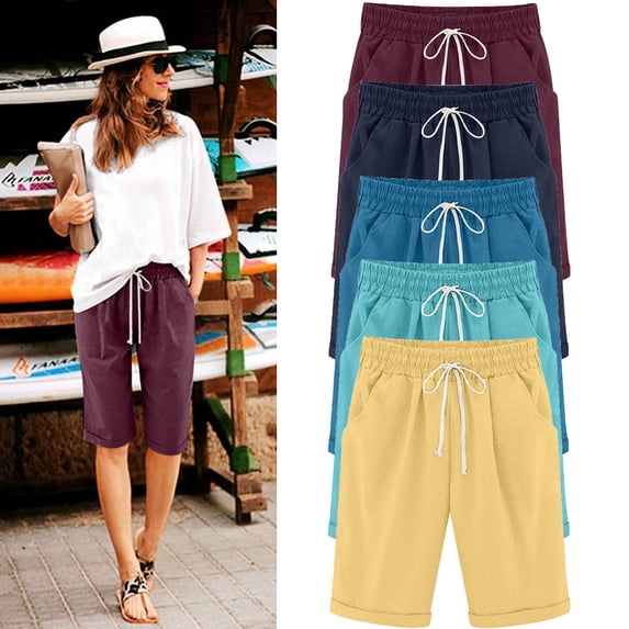 Dazajoo Women's Plus Size Bermuda Shorts with Pockets Knee Length Cotton Linen Elastic Waist Drawstring Shorts Lightweight Casual Vacation Beach Shorts,Blue,XXXL