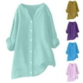 thumbnail image 1 of Dazajoo Women's Plus Size Button Down Linen Shirts Summer Long Sleeve Solid Color Tunics Tops 2025 Casual V Neck Tees,Yellow,M, 1 of 4
