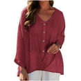 thumbnail image 1 of Dazajoo Women's Plus Size Cotton Linen Blouses Summer Cross-over Hem V Neck Tunic Tops Fashion Solid Color Long Sleeve Tee Shirts for Women 2024,Wine,S, 1 of 6