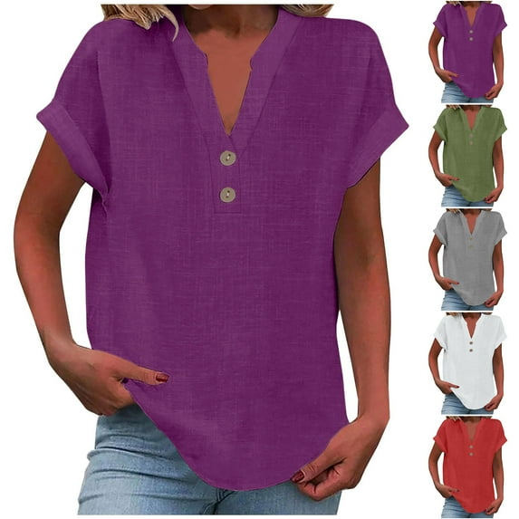 Dazajoo Women's Plus Size Cotton Linen Shirts Summer Short Sleeve V Neck Henley Tops Lightweight Casual Button Blouses,Red,M