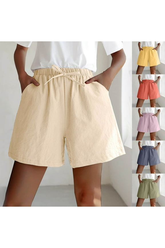 Women's Plus Size Drawstring Shorts 2024 Summer Casual Cotton Linen Wide Leg Shorts with Pockets Lightweight Comfy Solid Color Shorts for Women,Red,M