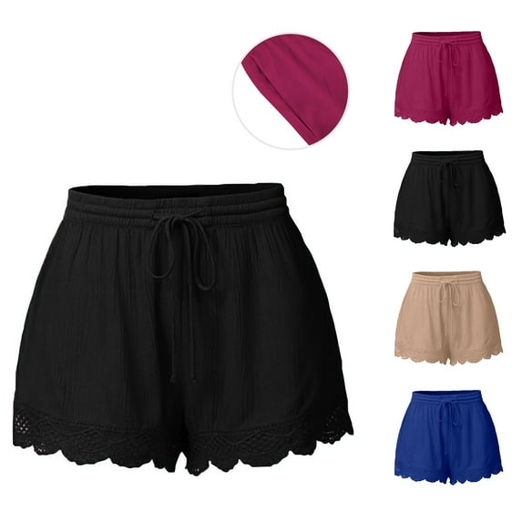 Dazajoo Women's Plus Size Hiking Shorts Elastic High Waisted Drawstring Workout Shorts Summer Lightweight Lace Trim Ruffle Shorts with Pockets Weekly Sale,Hot Pink,XXXL