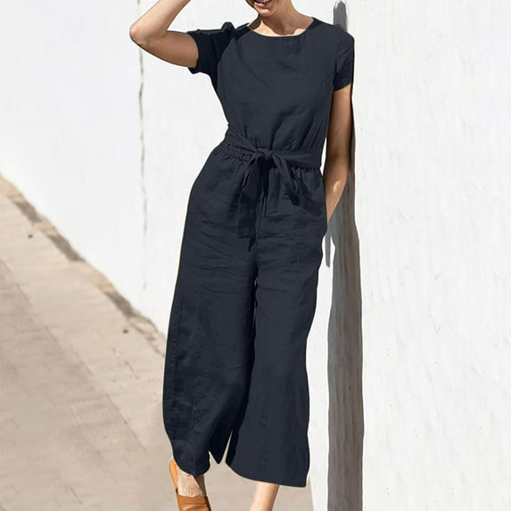 Dazajoo Women's Plus Size Jumpsuits 2024 Summer Short Sleeve Cotton Linen Pants Romper Solid Color Wide Leg One Piece Outfits for Women,Black,XXXXXL