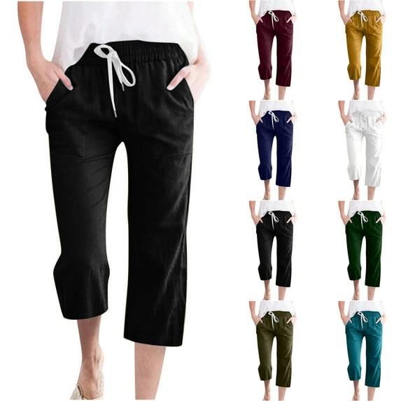 Dazajoo Women's Plus Size Linen Pants for Summer Loose Fit Drawstring Solid Color Capris with Pockeys 2024 Lightweight Casual Cotton Pants for Women,Blue,S