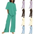 thumbnail image 1 of Dazajoo Women's Plus Size Sets Outfits Cotton Linen Short Sleeve Crew Neck Tops and Wide Leg Drawstring Pants with Pockets Summer Solid Color Lounge Suits,Light Blue,XXXXL, 1 of 5