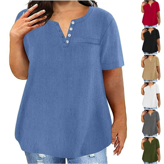Dazajoo Women's Plus Size Short Sleeve Tee Shirts 2024 Summer Dressy Casual Solid Color Notch V Neck Button Tops Trendy Oversized Tunics with Pocket for Women,Gray,XXXXL